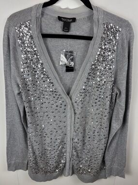 NWT WHBM Silver Grey Sequin Beaded Cardigan Sweater sz L V-Neck Sparkly Shiny